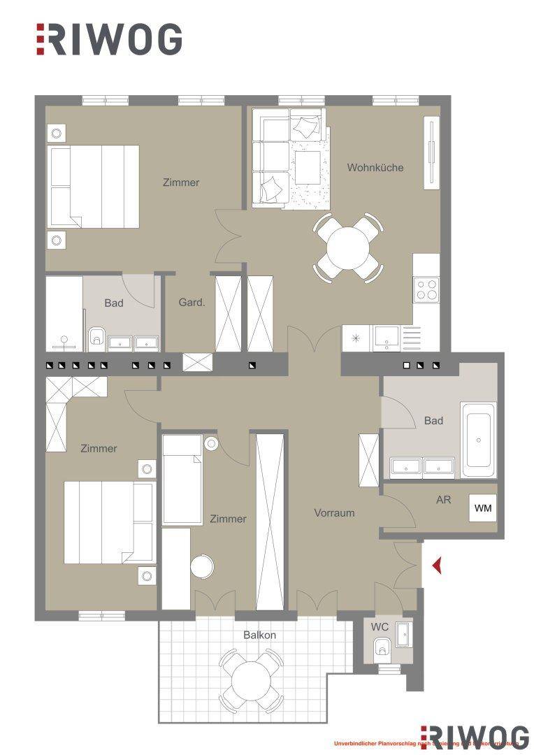 Detaillierter Grundriss einer Wohnung mit drei Zimmern, offener Wohnküche, zwei Bädern, separatem WC und Balkon.
