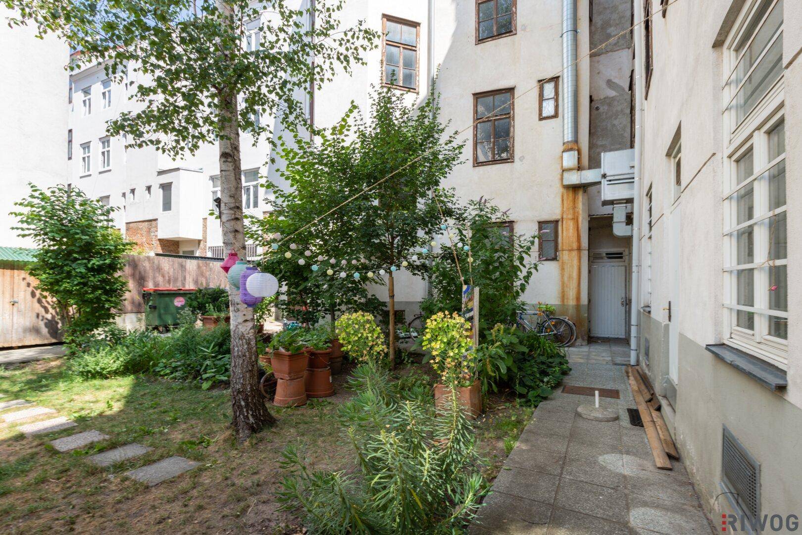Kleiner begrünter Innenhof mit Gartenbereich, Pflanzen und einem gepflasterten Weg.