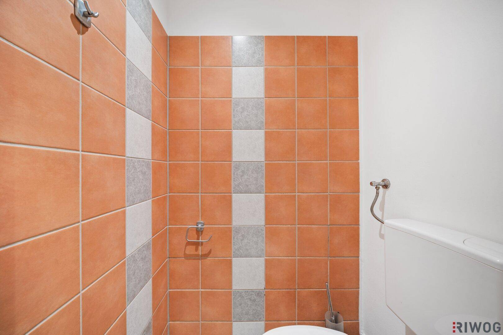 Separate Toilette mit farbigen Fliesen und Wand-WC.