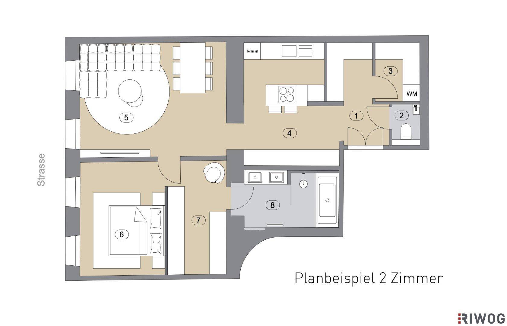 Grundriss einer 2-Zimmer-Wohnung mit offenem Wohnbereich und einem Schlafzimmer.