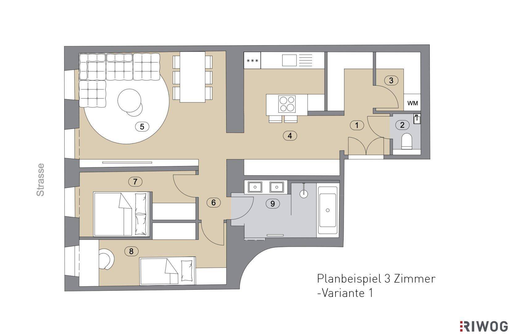Grundriss einer 3-Zimmer-Wohnung, Variante 1, mit offenem Wohnbereich und zwei Schlafzimmern.