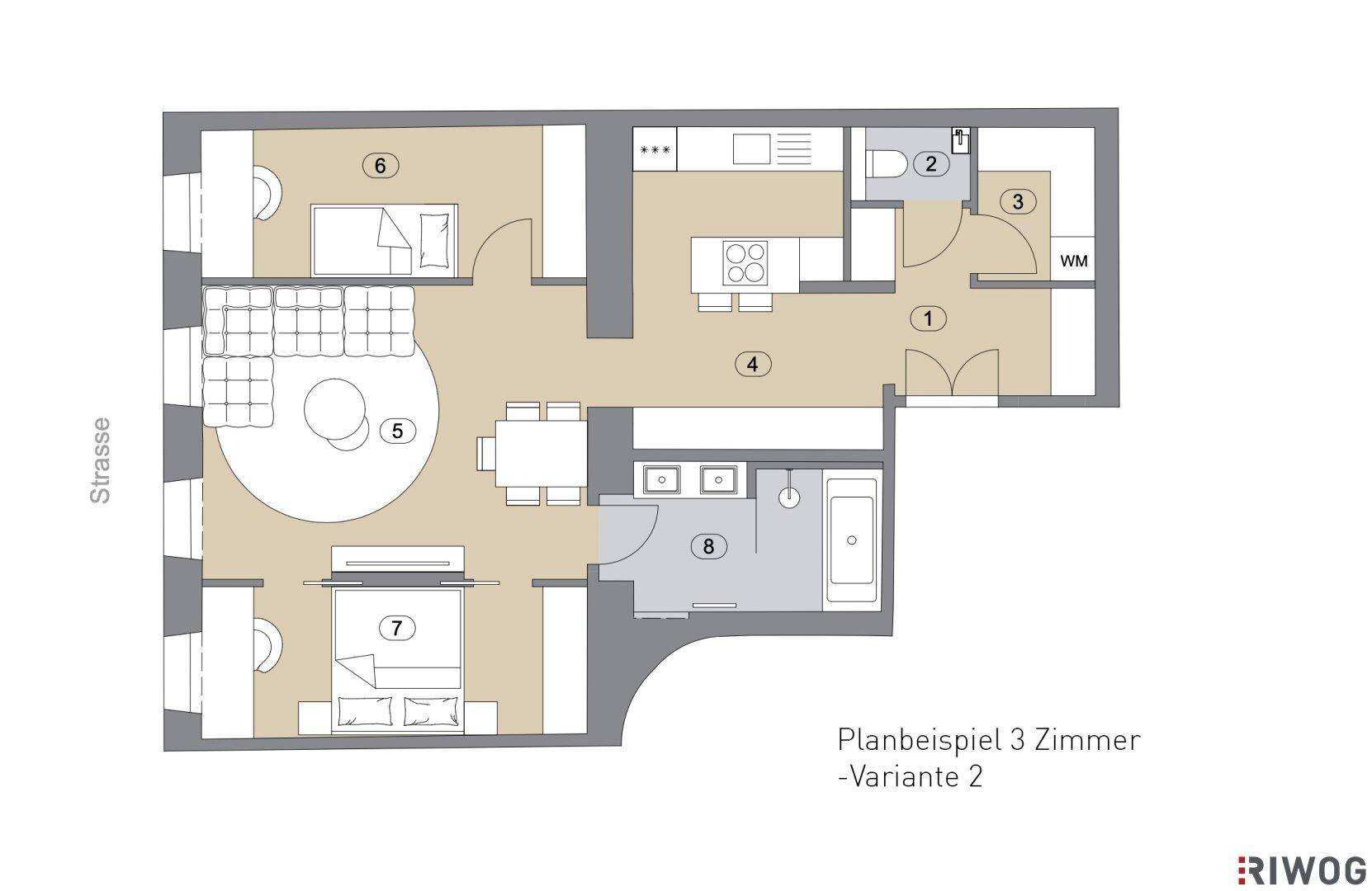 Grundriss einer 3-Zimmer-Wohnung, Variante 2, mit offenem Wohnbereich und separatem Bad.