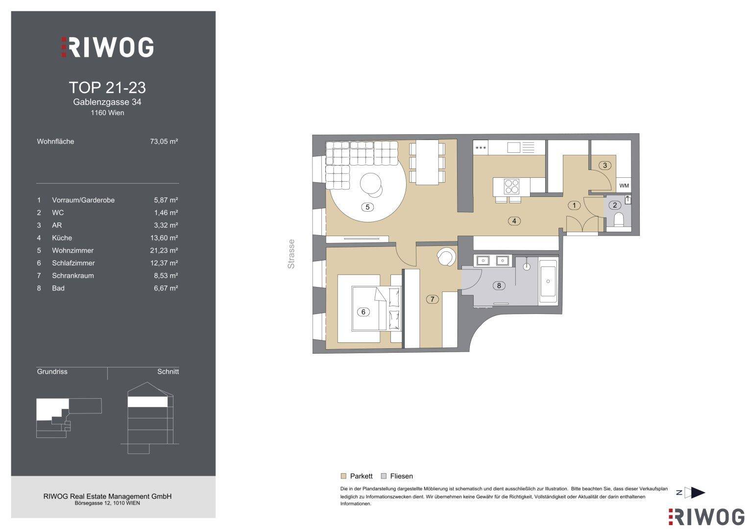Detaillierter Grundriss einer 2-Zimmer-Wohnung mit Flächenangaben und Raumaufteilung.