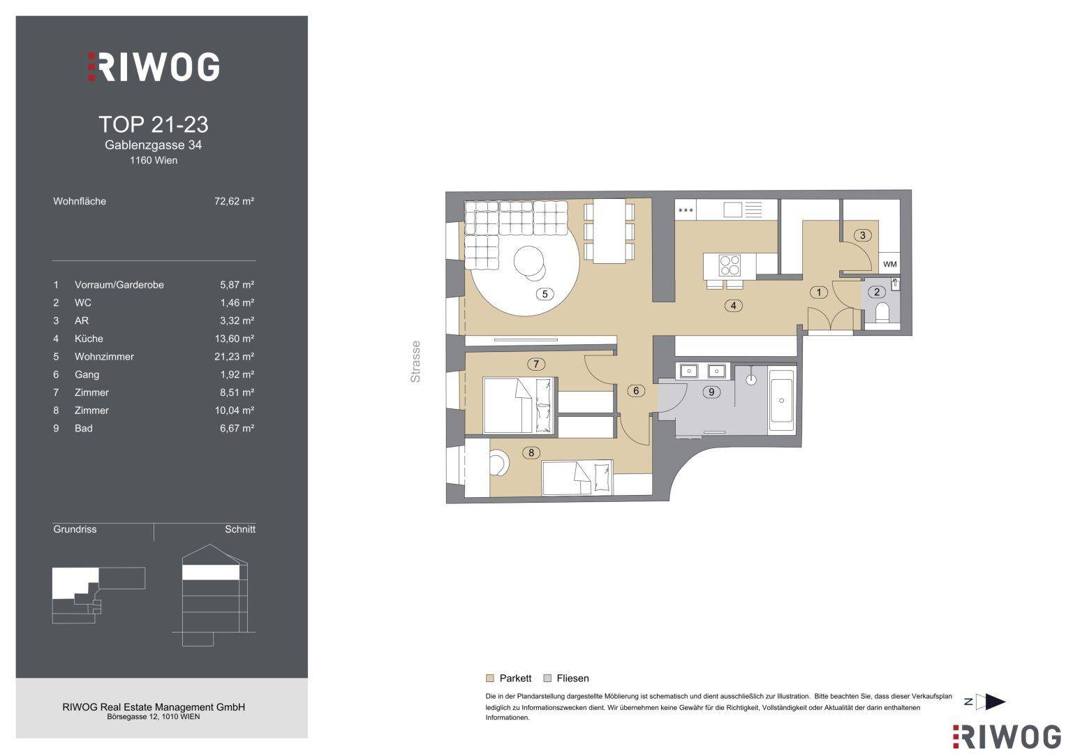Detaillierter Grundriss einer 3-Zimmer-Wohnung mit Flächenangaben und Raumaufteilung.