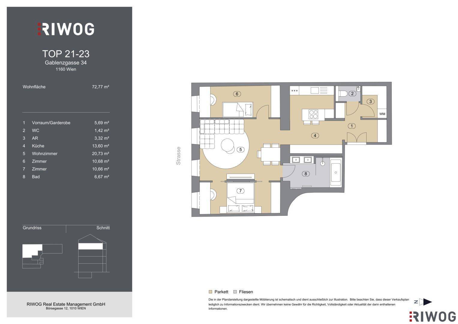 Detaillierter Grundriss einer 3-Zimmer-Wohnung mit Flächenangaben und Raumaufteilung.