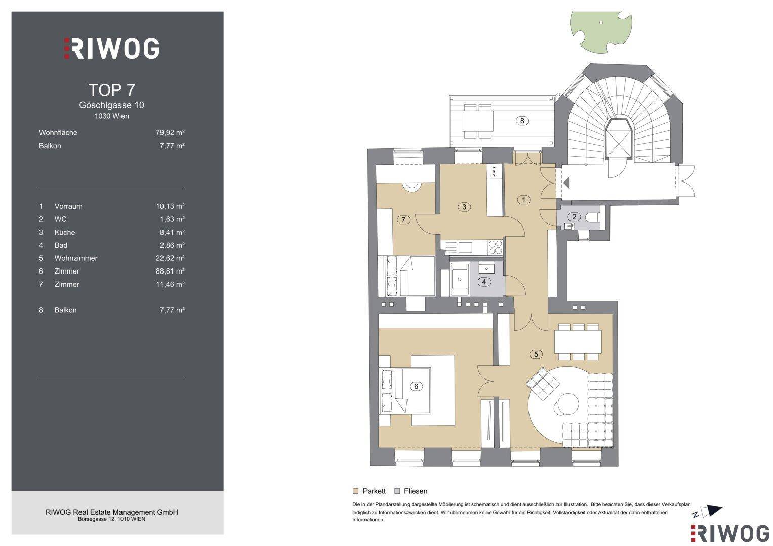 Grundriss der Wohnung Top 7 mit Wohnfläche von 79,92 m² und Balkon.