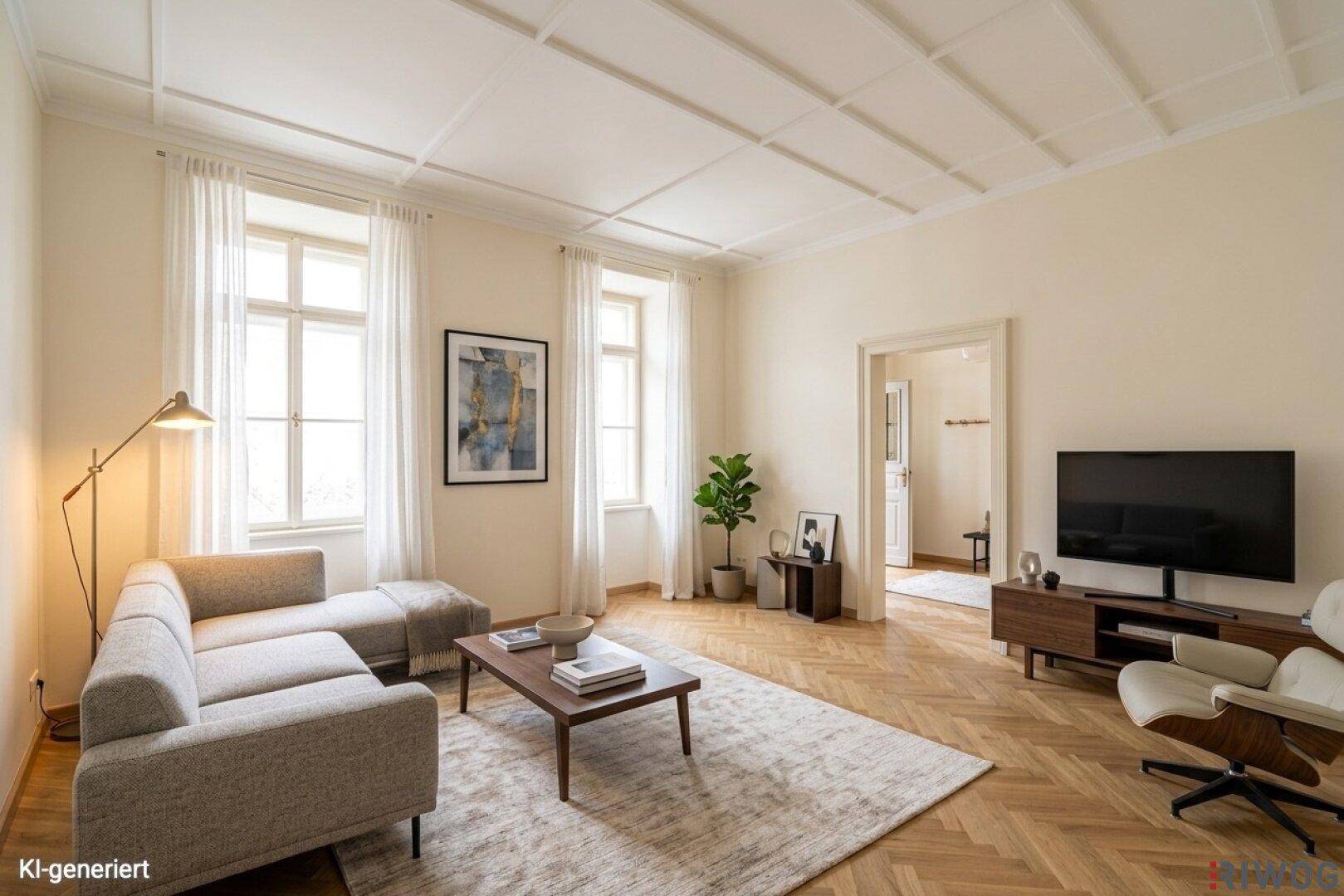 Helles Wohnzimmer mit Fischgrätparkett, modernen Möbeln und hohen Decken.