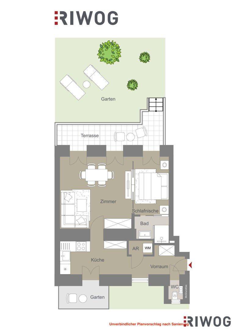 Detaillierter Grundriss einer Wohnung mit Terrasse, Garten, Wohnbereich, Schlafzimmer und Küche.