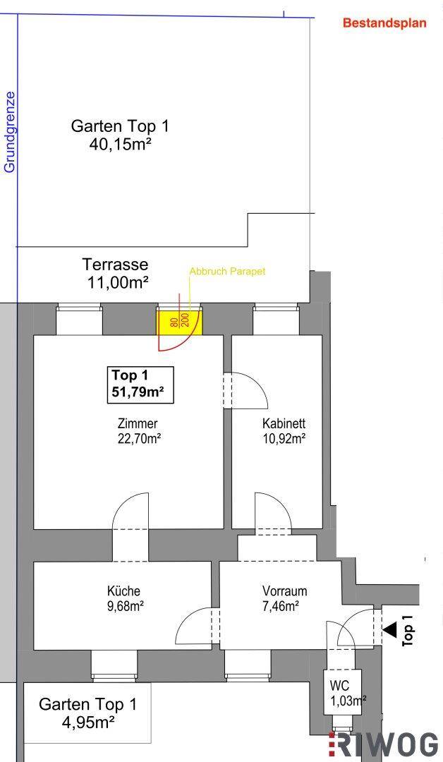 Grundriss der Wohnung Top 1 mit Terrasse, Garten, Zimmern, Küche und separatem WC.