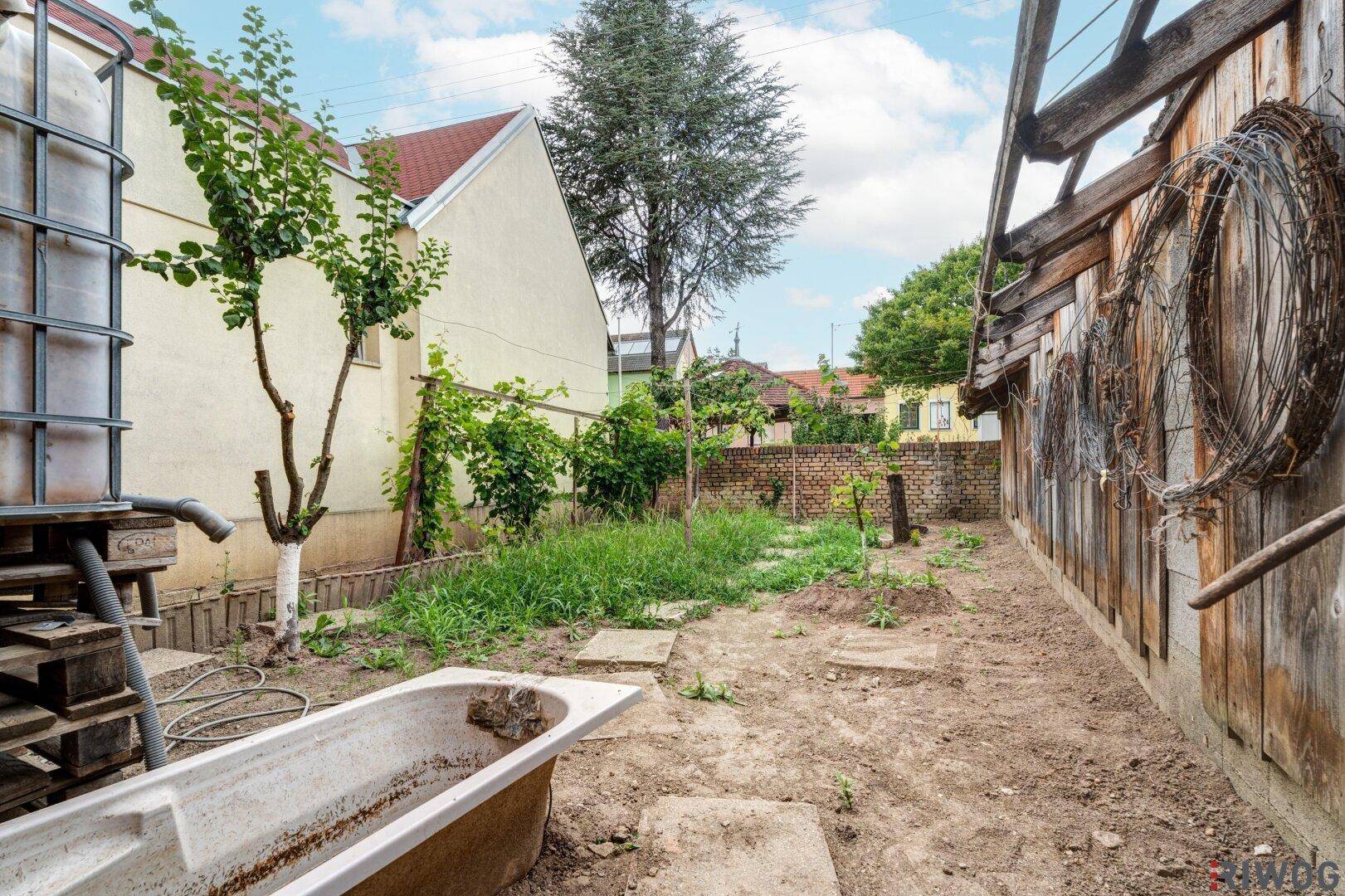 Vernachlässigter Gartenbereich mit einer alten Badewanne, spärlicher Vegetation und einem Holzzaun.