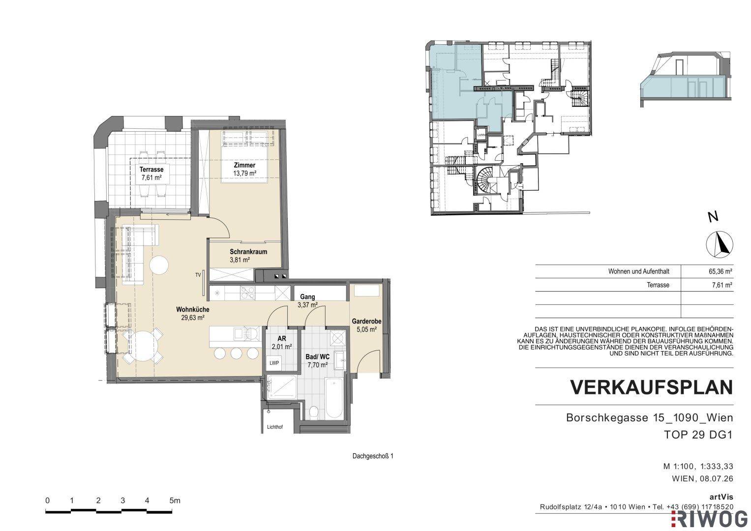 Grundrissplan einer Dachgeschosswohnung mit Wohnküche, einem Zimmer, Bad und Terrasse.