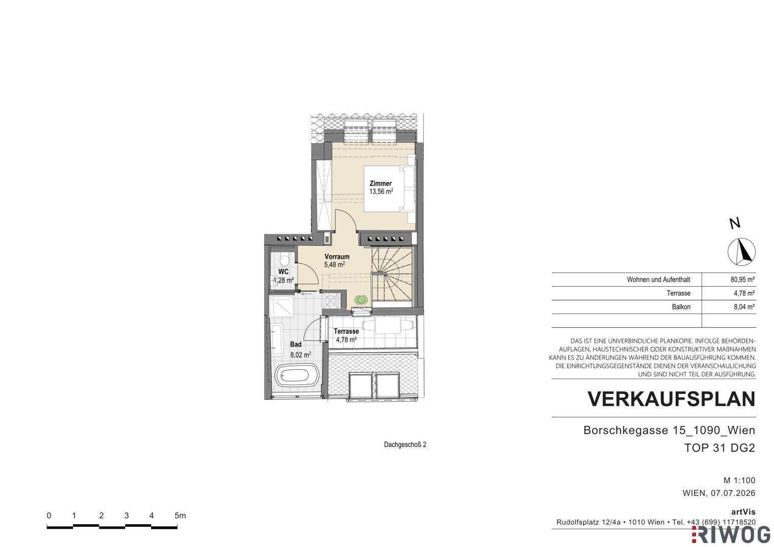 Grundrissplan des zweiten Dachgeschosses mit Schlafzimmer, Bad, WC und Terrasse.