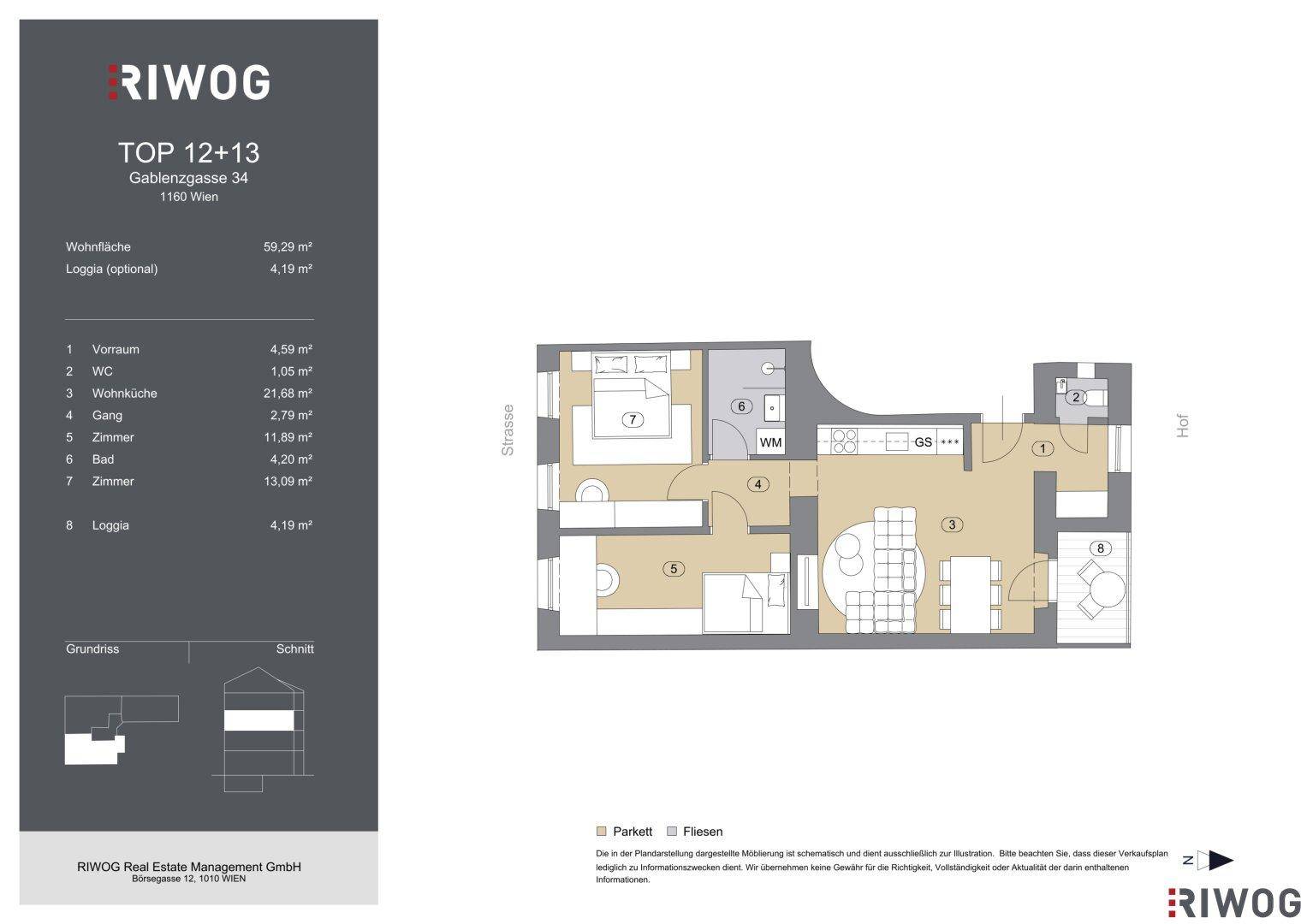 Detaillierter Grundriss einer Wohnung mit offener Wohnküche, zwei Schlafzimmern, Bad, separatem WC und einer Loggia.