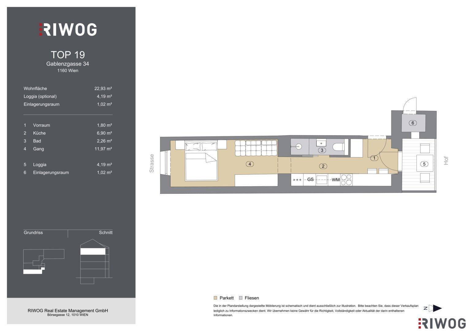 Grundriss einer kompakten Wohnung mit offenem Wohn-/Schlafbereich, integrierter Küche, Bad und Loggia.