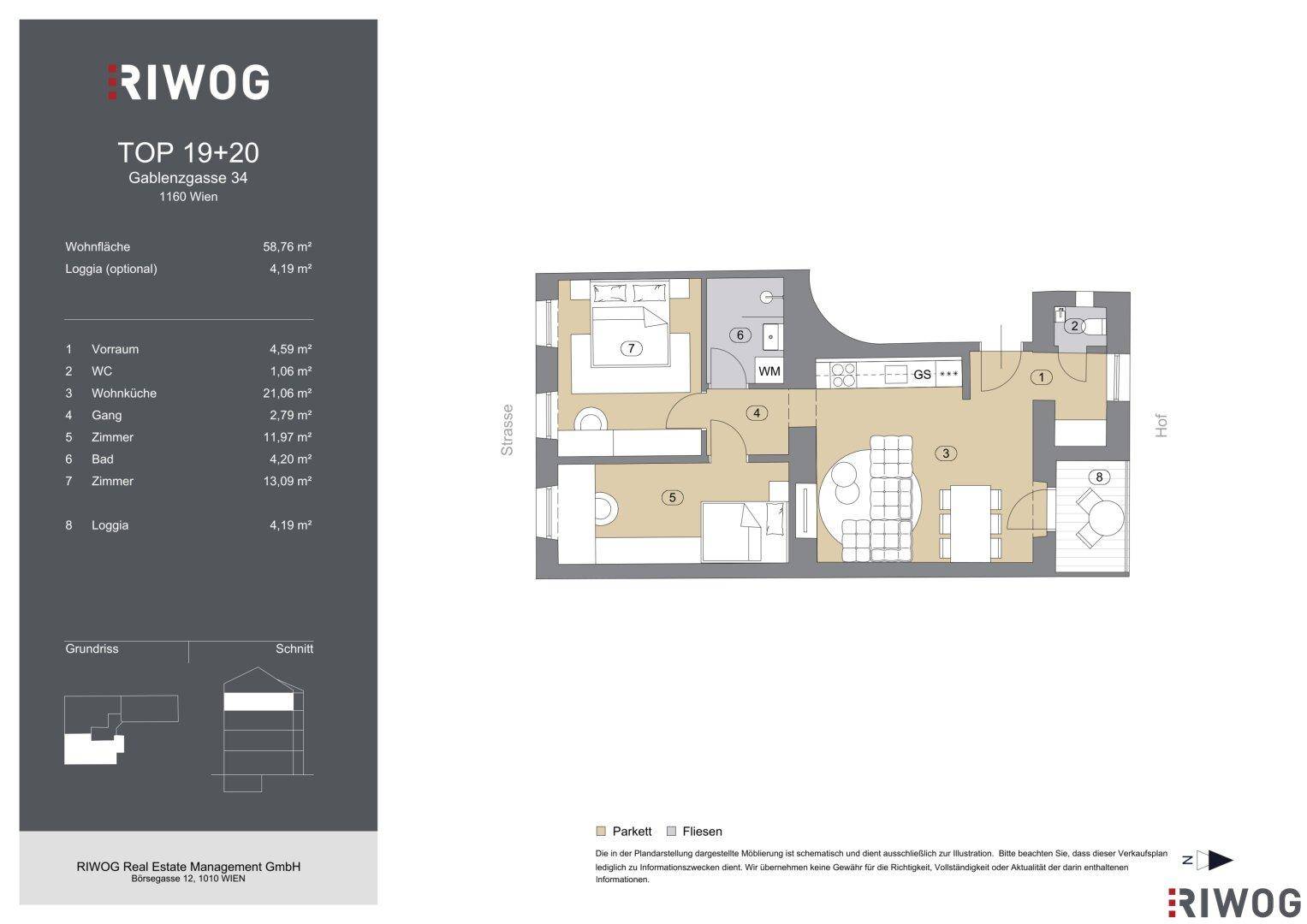 Grundriss einer Wohnung mit offenem Wohn-Essbereich, zwei Schlafzimmern, Bad, separatem WC und Loggia.