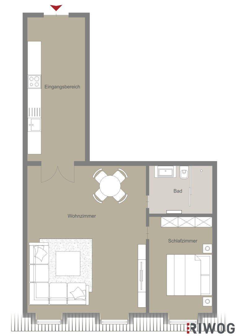 Kompakter Grundriss einer Wohnung mit offenem Wohnbereich, Schlafzimmer, Bad und Balkon.