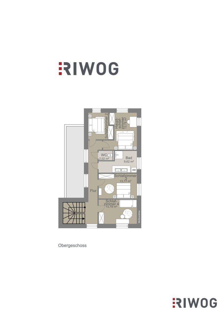 Grundriss des Obergeschosses mit drei Schlafzimmern, einem Badezimmer und separatem WC.