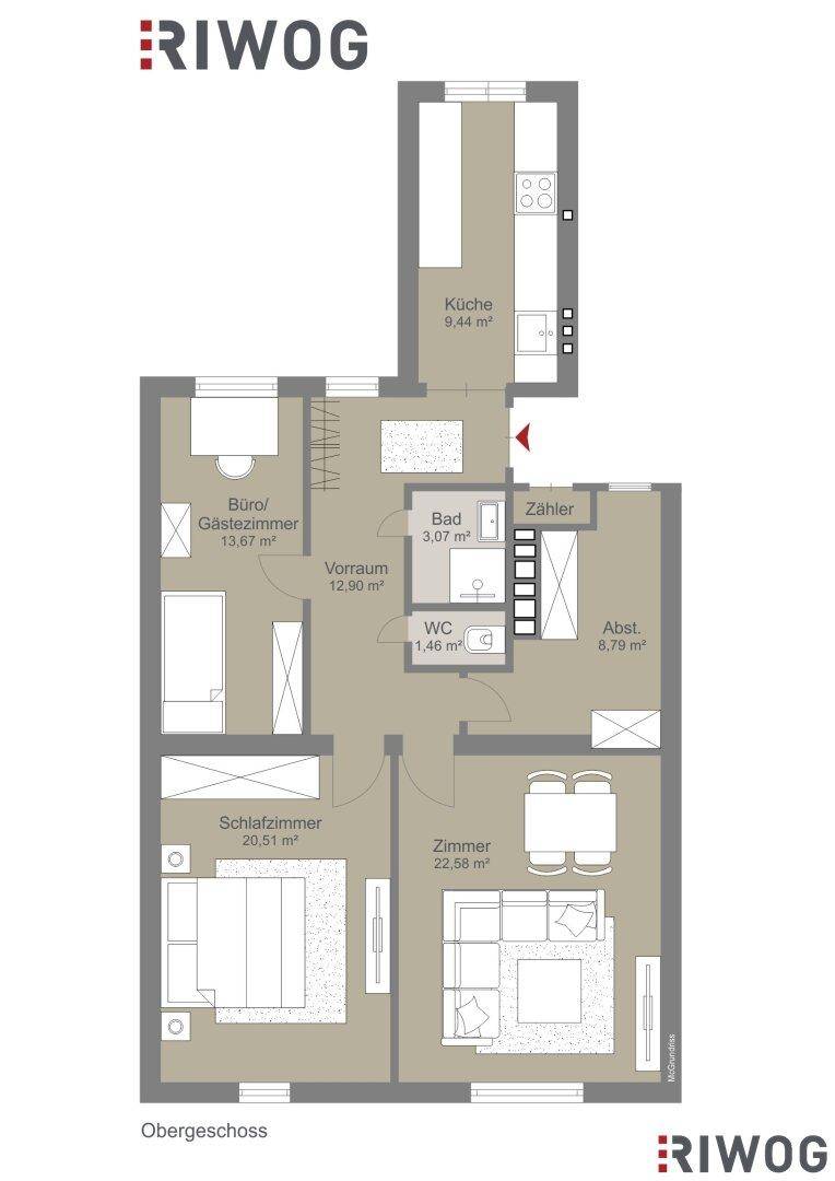 Grundriss des Obergeschosses mit separater Küche, Schlafzimmer, Büro/Gästezimmer und einem kombinierten Wohn-Essbereich.