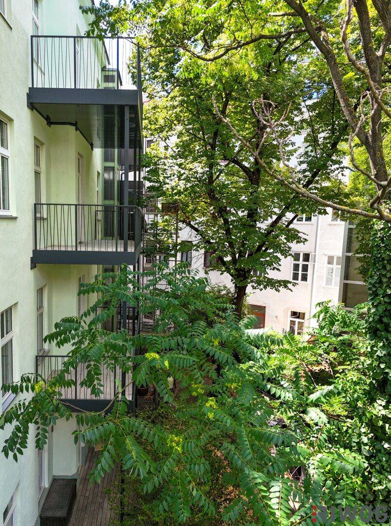 Seitenansicht des Gebäudes mit Glasaufzug und üppiger grüner Vegetation im Hinterhof.