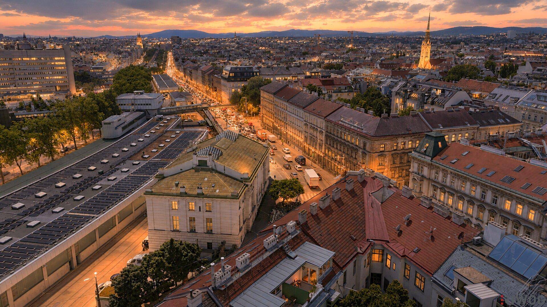 Panoramablick auf die Stadt bei Sonnenuntergang mit beleuchteten Straßen und Gebäuden.