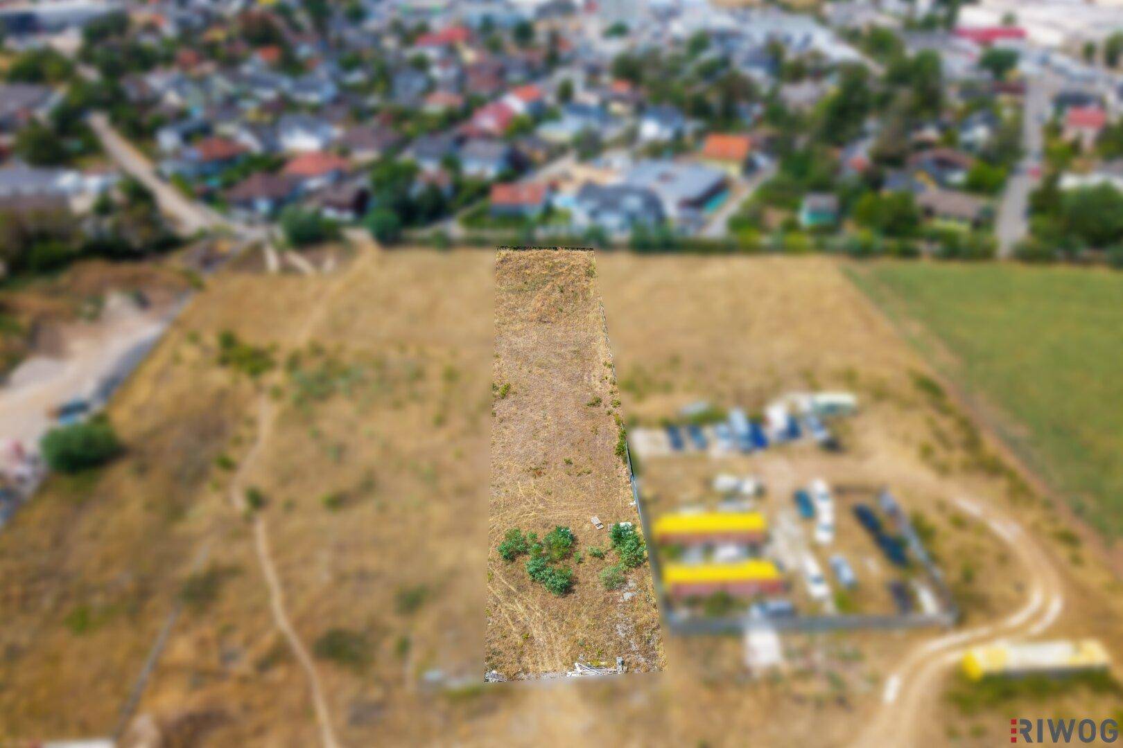 Luftaufnahme eines weitläufigen, unbebauten Grundstücks mit trockener Vegetation und angrenzender Bebauung.