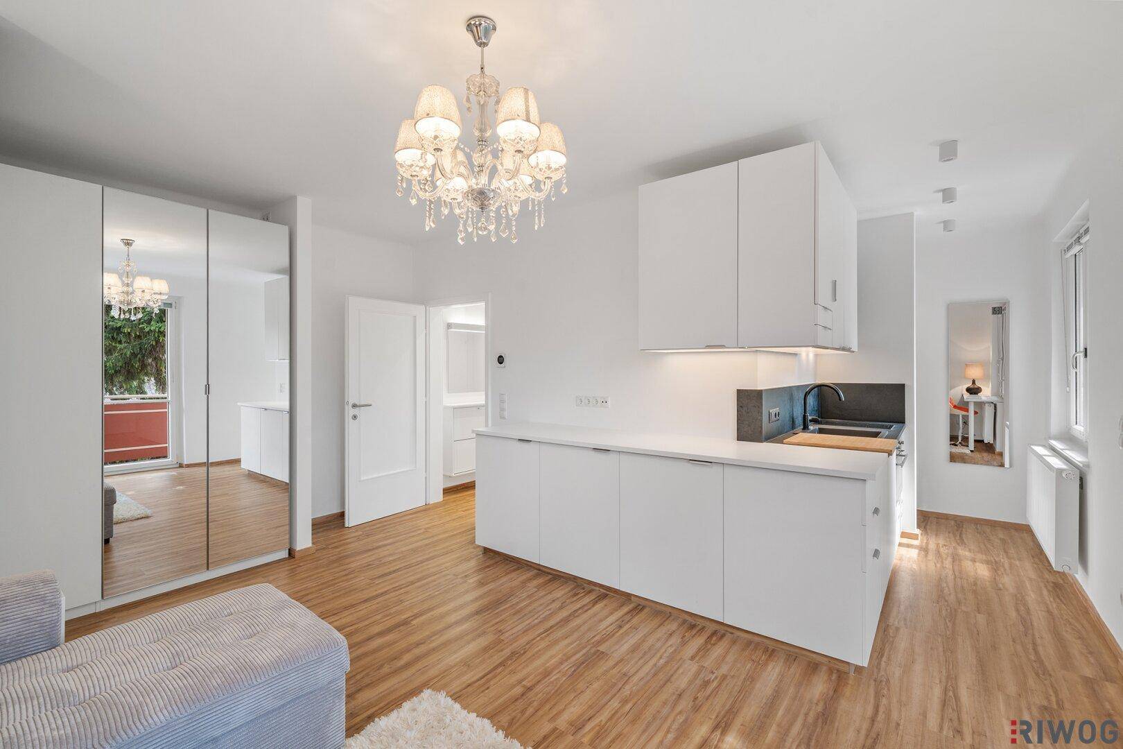 Geräumiger Wohnbereich mit integrierter Küchenzeile, Sofa und Spiegelschrank.