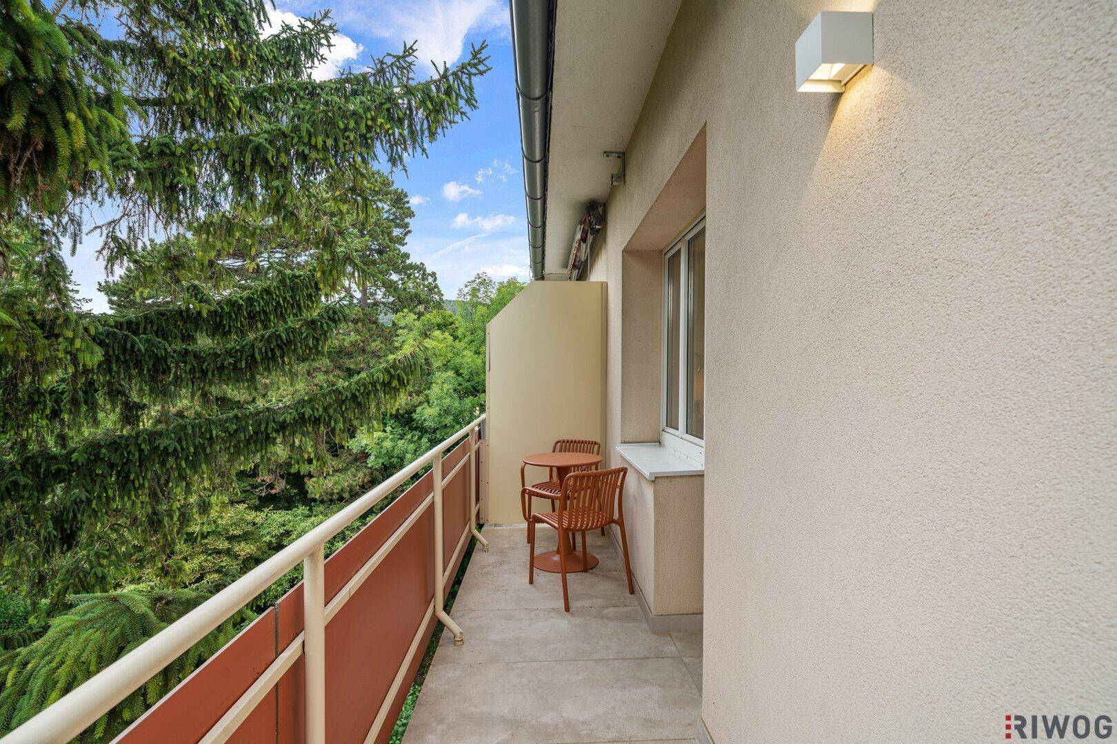 Balkon mit Sitzgelegenheiten und Blick ins Grüne, umgeben von hohen Bäumen.