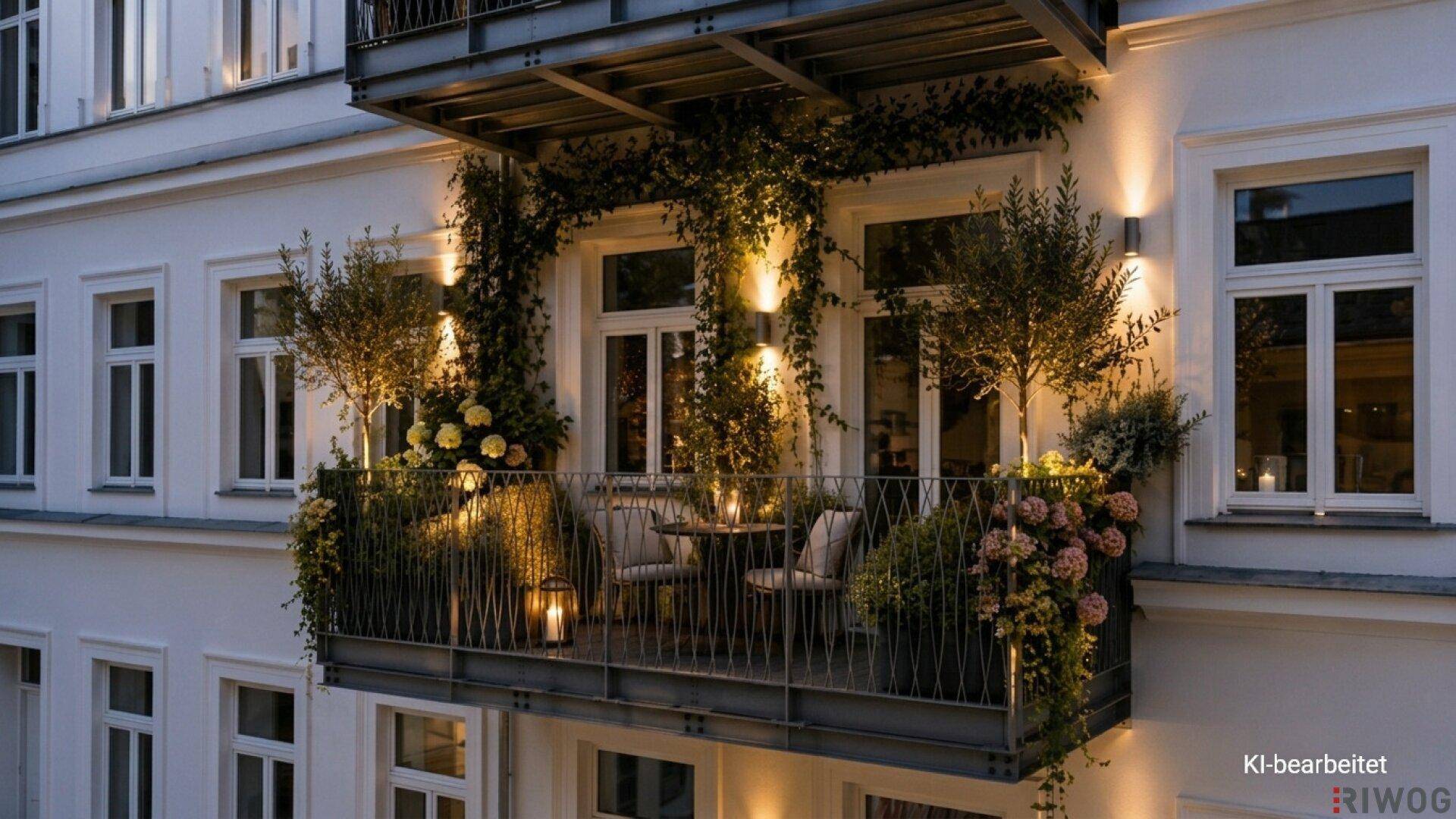Beleuchteter Balkon mit üppiger Bepflanzung und gemütlicher Sitzgelegenheit am Abend.