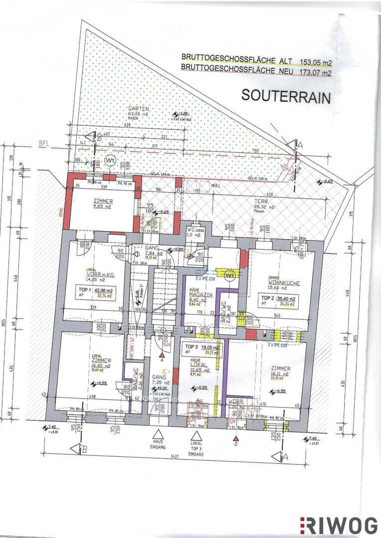 Grundriss des Souterrains mit Zimmern, Gängen und Zugang zum Gartenbereich.