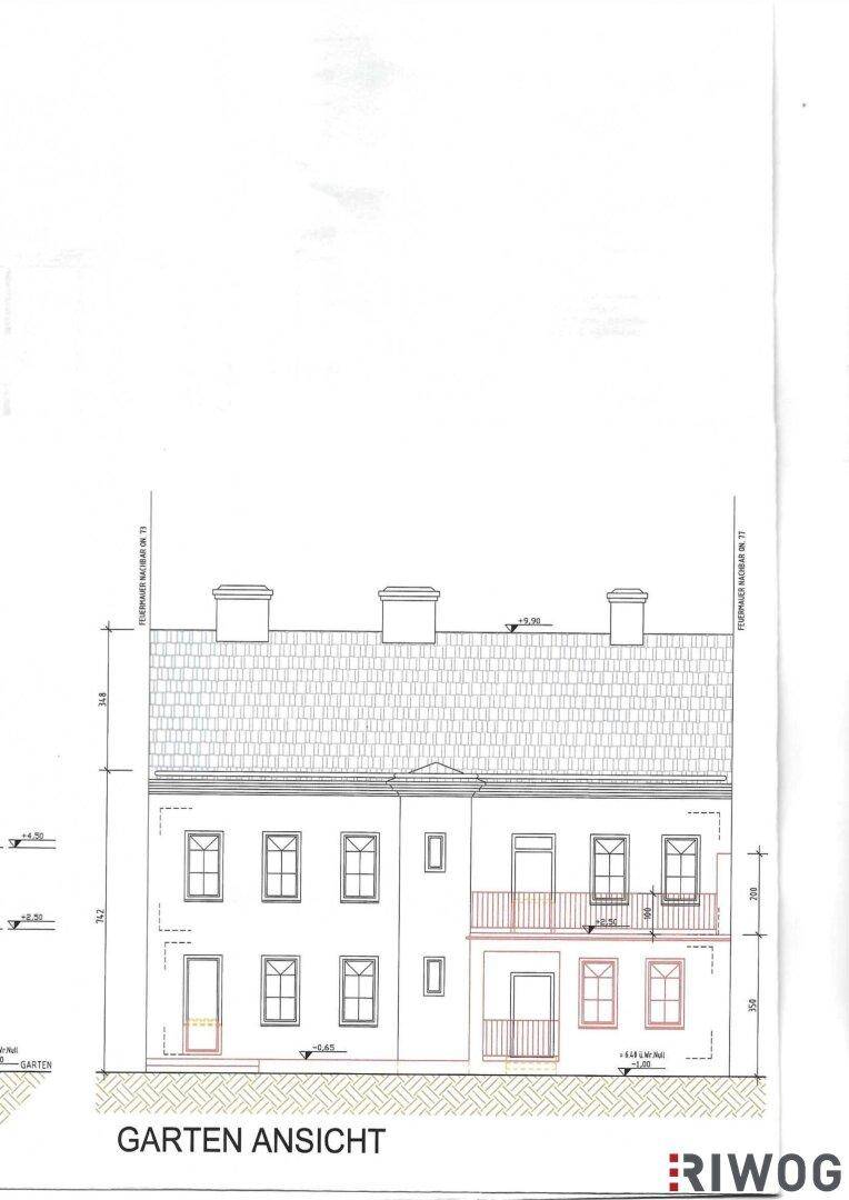 Ansicht der Gartenfassade eines Gebäudes mit Balkonen und Fenstern.