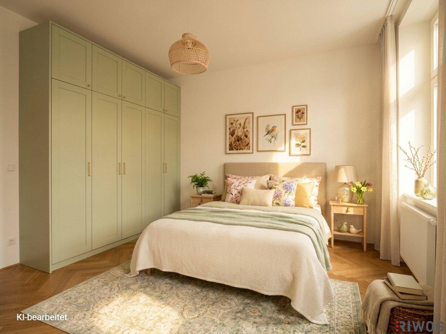 Gemütliches Schlafzimmer mit großem Kleiderschrank in Pastellgrün und hellem Fischgrätparkett.