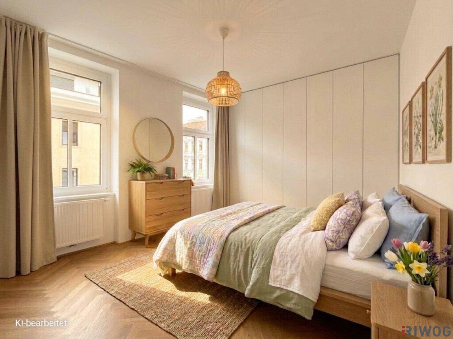 Helles Schlafzimmer mit Holzbett, integriertem Kleiderschrank und Fischgrätparkett, durchflutet von Tageslicht.