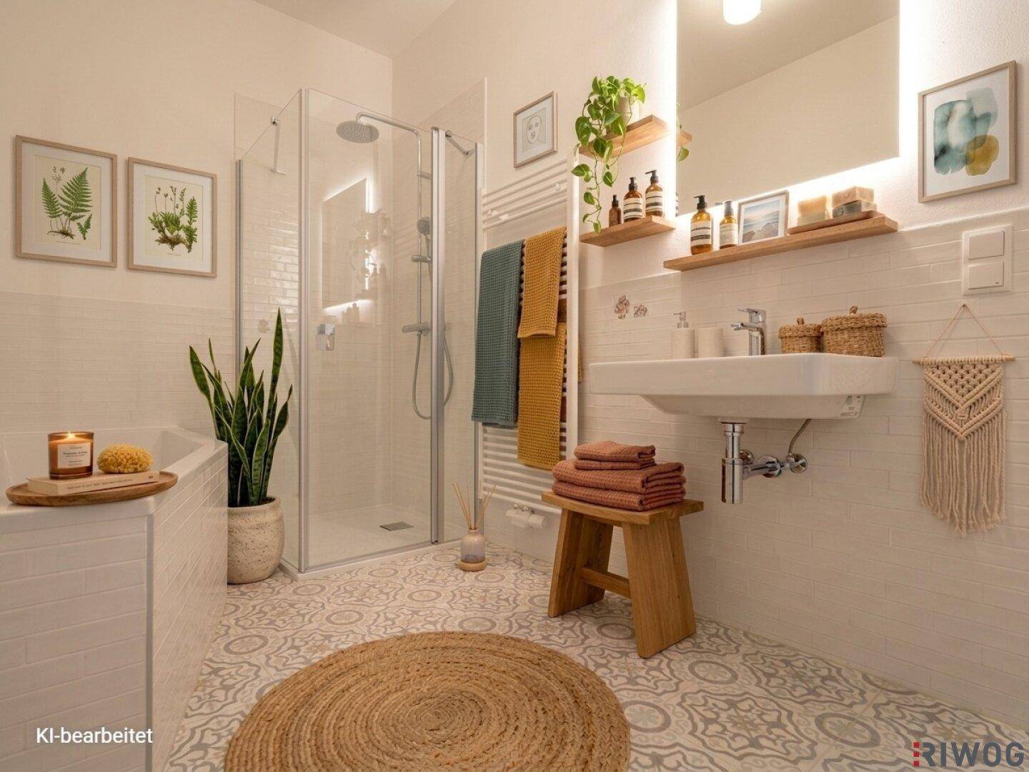 Helles, modernes Badezimmer mit Duschkabine, Badewanne, gemusterten Fliesen und Holzakzenten.