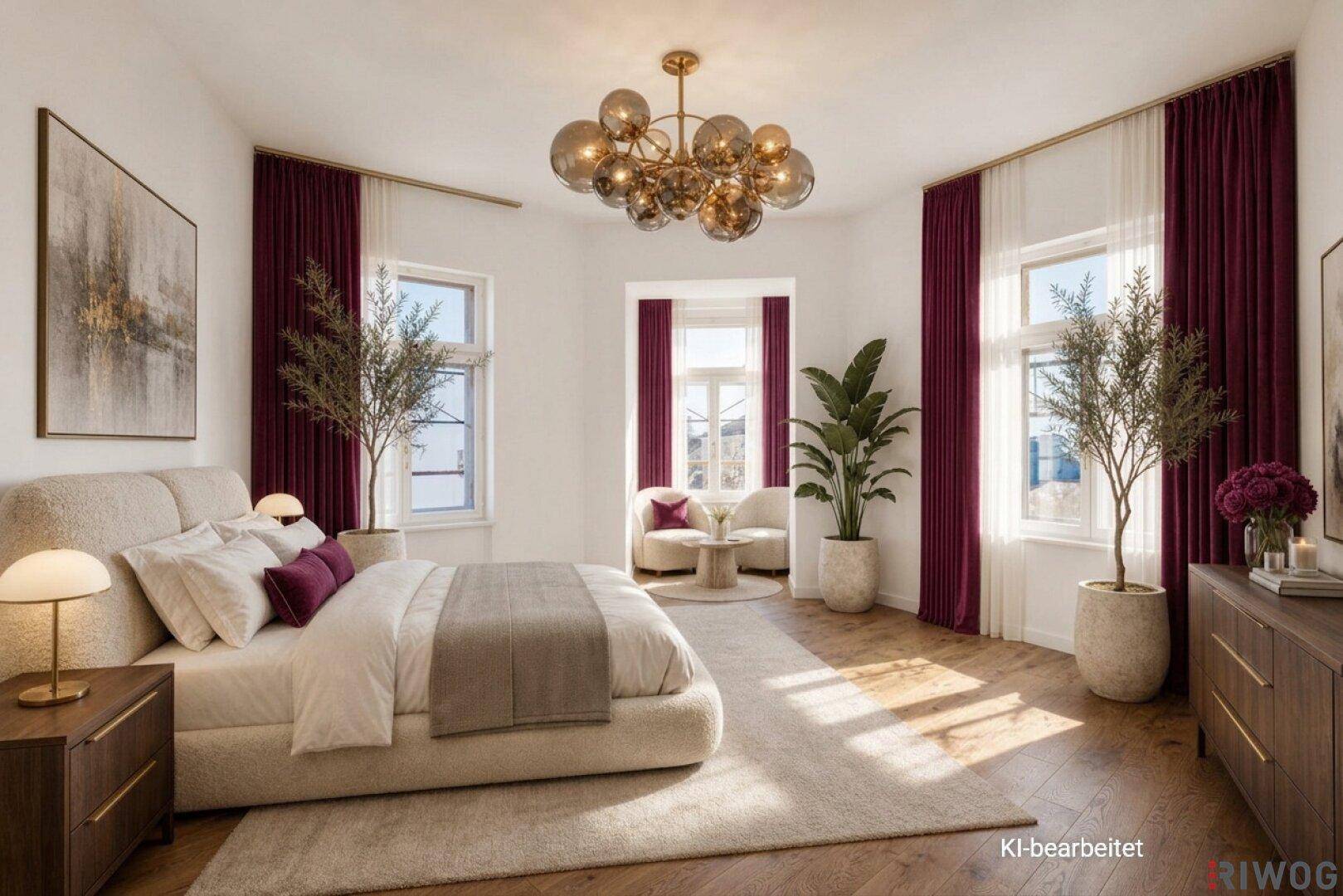 Geräumiges Schlafzimmer mit großen Fenstern, Holzboden und stilvoller Einrichtung.