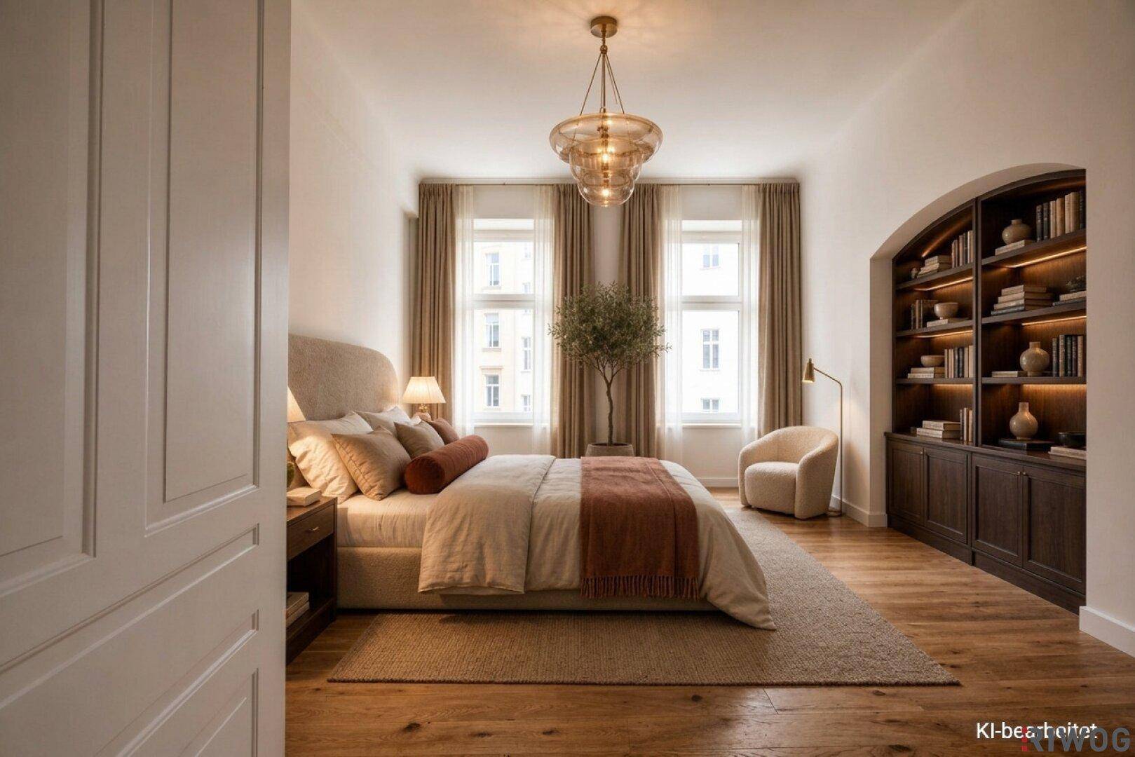 Gemütliches Schlafzimmer mit Holzboden, großem Bett und integriertem Bücherregal, hell durch zwei Fenster.