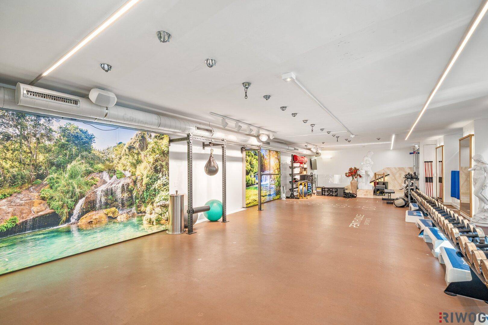 Großer Fitnessraum mit vielfältigen Trainingsgeräten und beeindruckenden Wandgemälden.