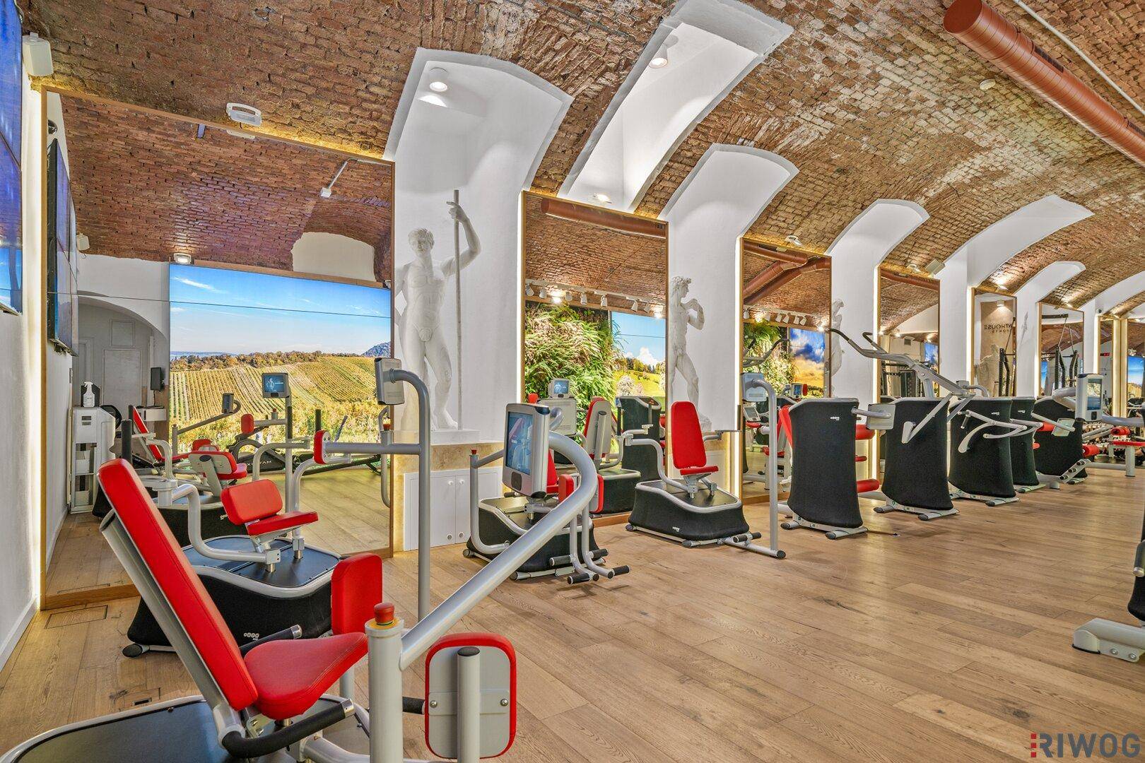Fitnessbereich mit Gewölbedecke aus Ziegeln, modernen Geräten und Wandbildern.