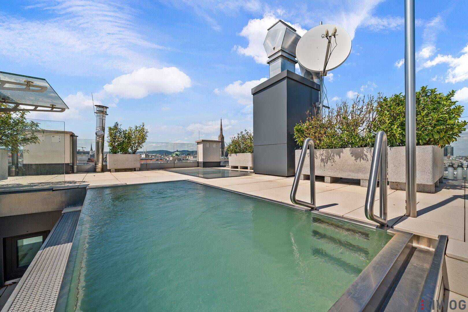 Exklusiver Dachpool mit Panoramablick über die Stadt und grünen Pflanzkübeln.