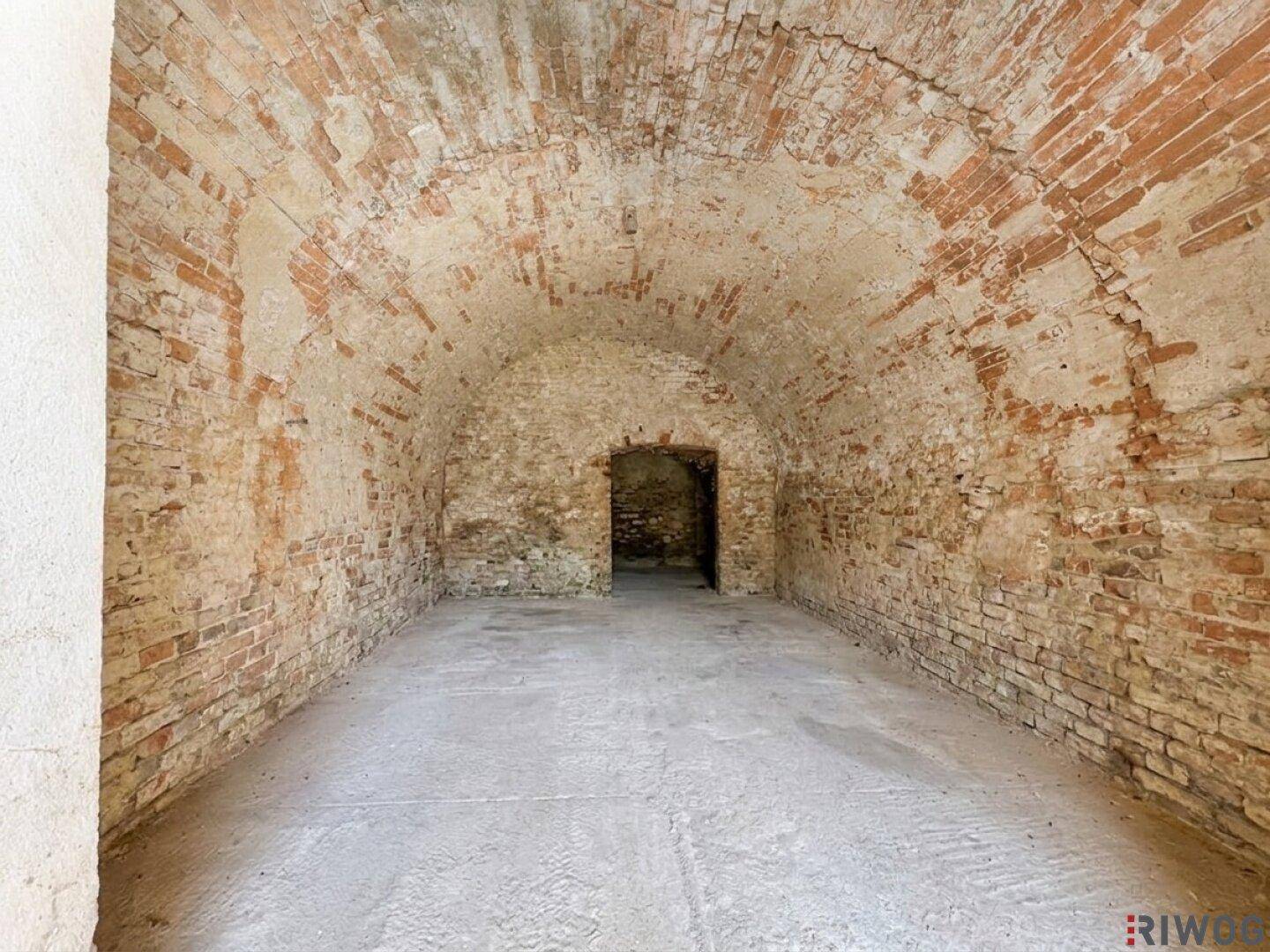Geräumiger Gewölbekeller mit unverputzten Ziegelwänden und Betonboden.