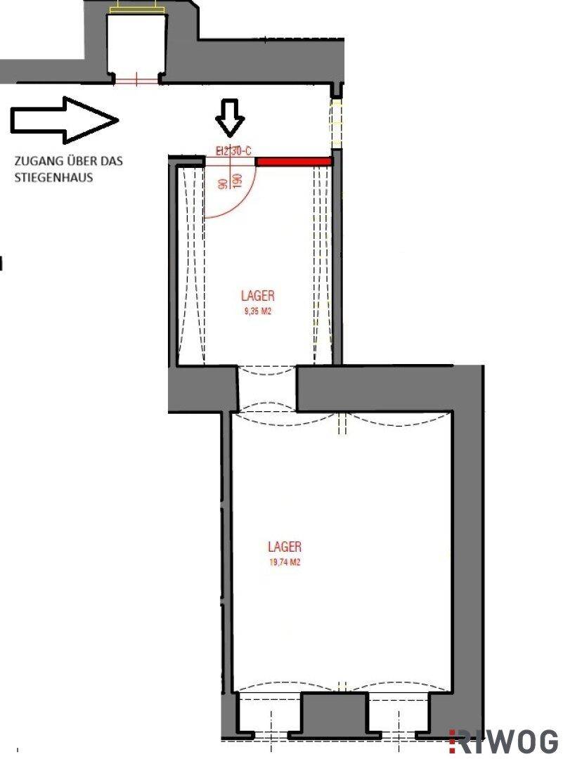 Grundrissplan zeigt zwei Lagerräume mit Zugang über das Treppenhaus, ideal für zusätzlichen Stauraum.
