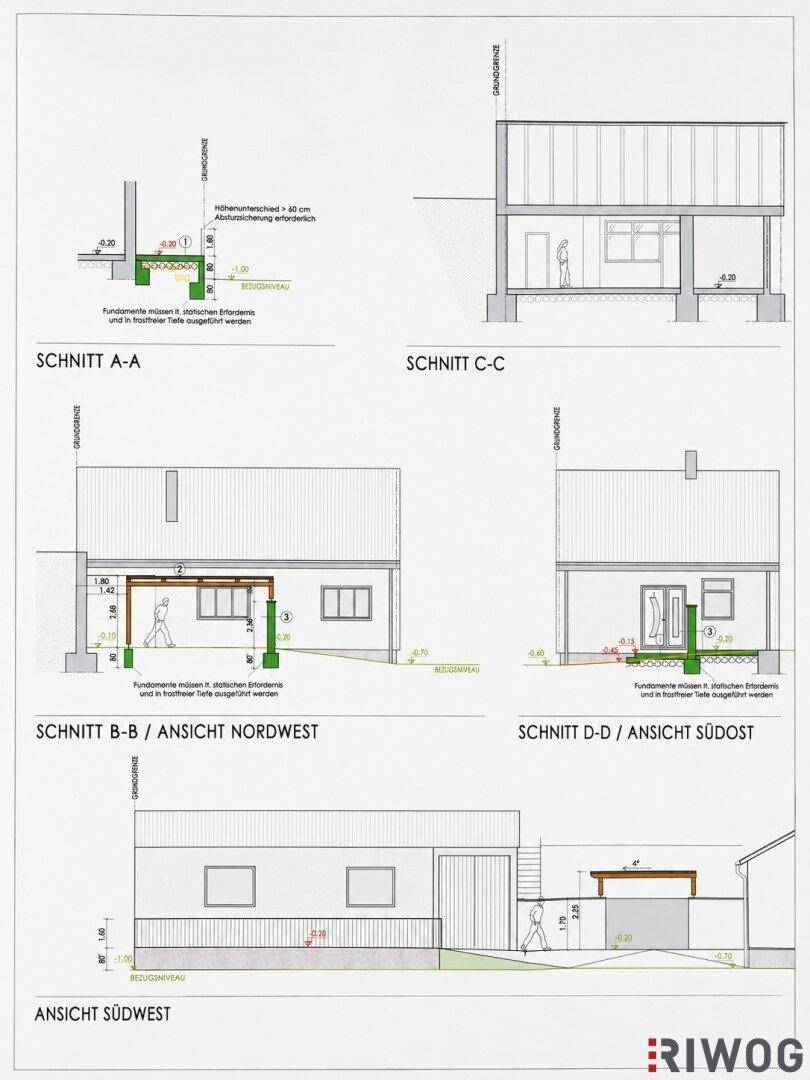 Verschiedene Schnitte und Ansichten des Gebäudes, die die Architektur und Struktur zeigen.