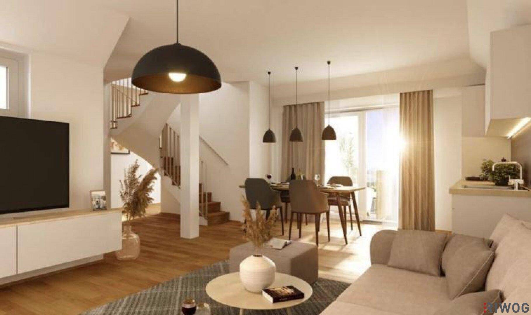 Lichtdurchfluteter Wohn- und Essbereich mit offener Treppe und modernem Interieur.