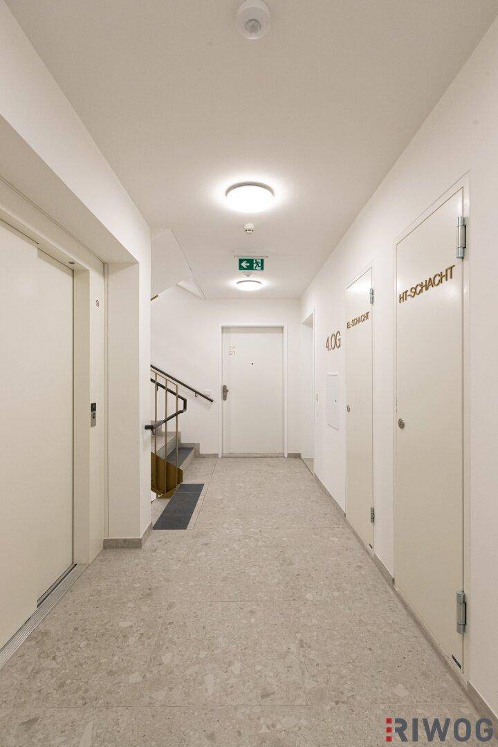 Langer, sauberer Flur mit mehreren Wohnungstüren, einem Aufzug und Treppenhaus im Hintergrund.