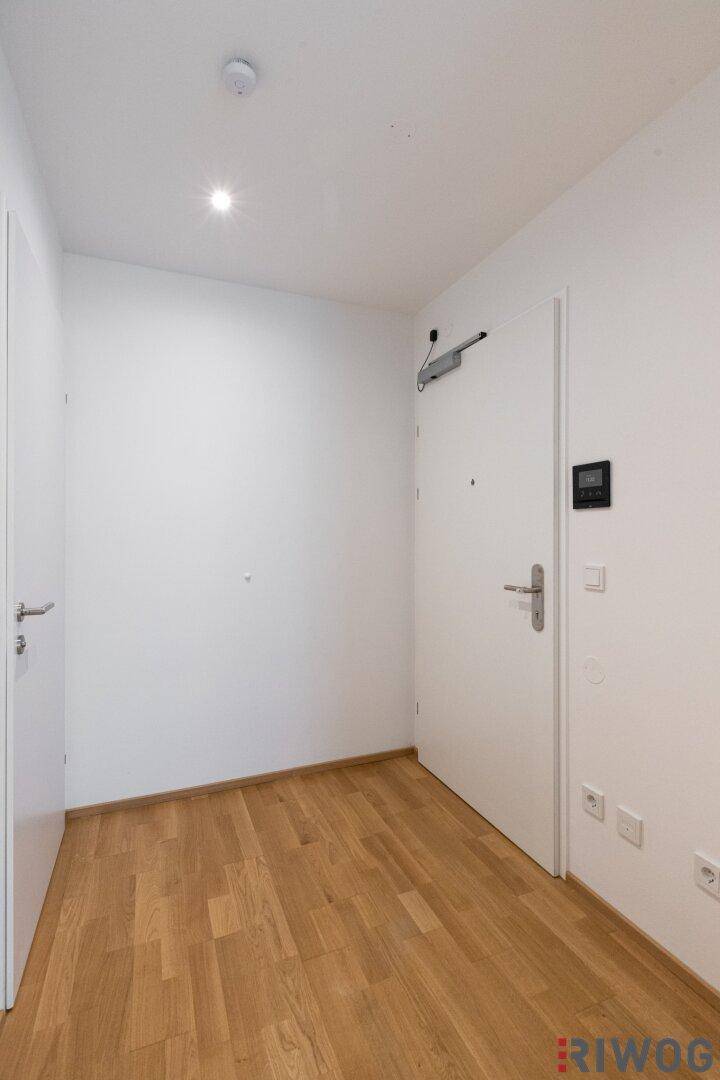 Eingangsbereich mit Parkettboden, weißen Wänden und der modernen Wohnungseingangstür.