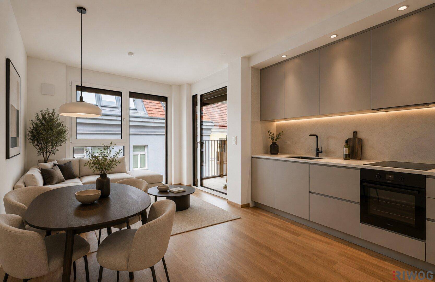 Moderner Wohn-Essbereich mit integrierter Küche, Esstisch und Zugang zum Balkon.