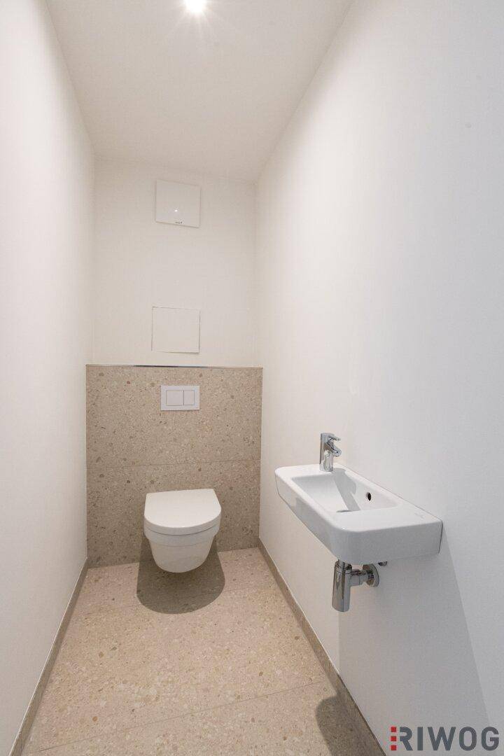 Kleines Gäste-WC mit wandhängender Toilette und Handwaschbecken, modern gefliest.