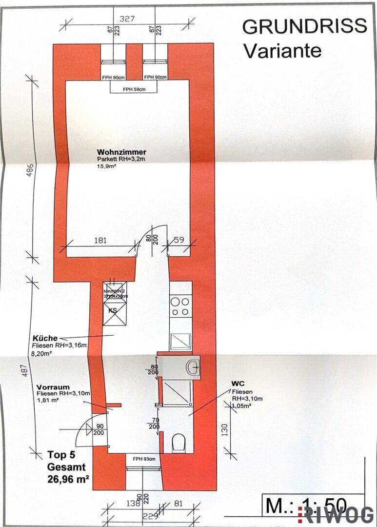 Grundriss einer Wohnungsvariante mit Wohnzimmer, Küche, WC und Vorraum. Die Räume weisen hohe Decken auf.