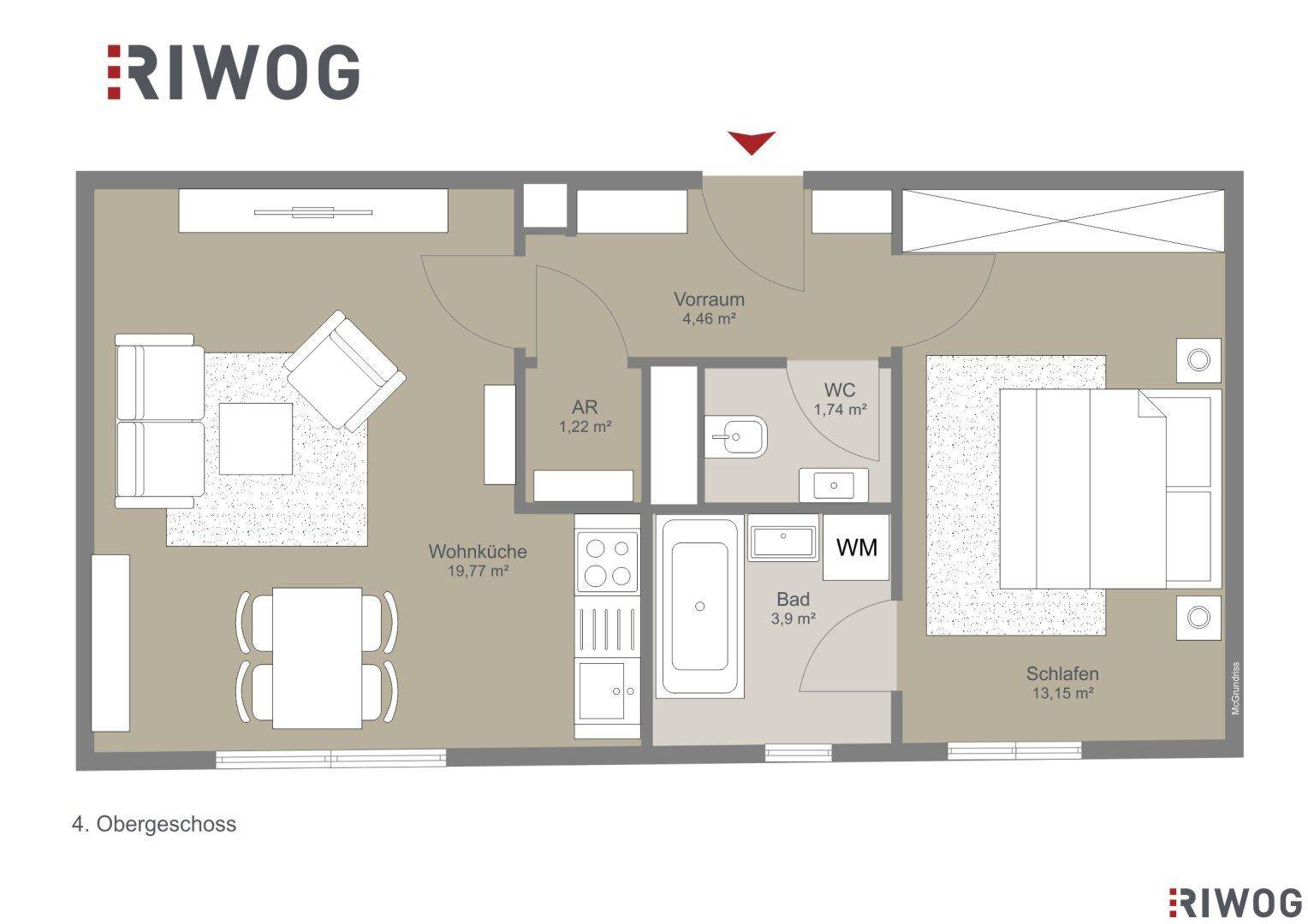 Grundriss des 4. Obergeschosses mit offener Wohnküche, Schlafzimmer, Bad und Balkon.