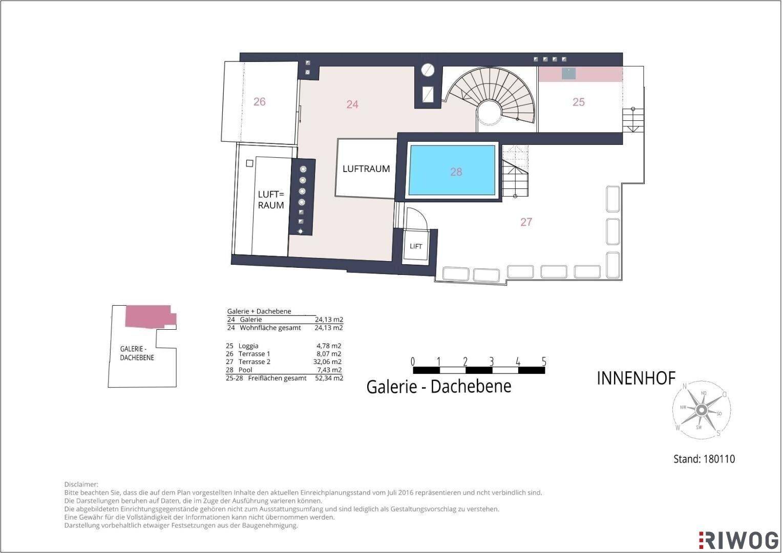 Grundriss der Galerie- und Dachebene mit Pool, Loggia und zwei Terrassenbereichen.