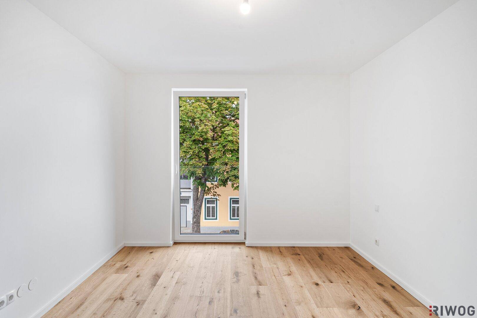 Leeres Zimmer mit Holzboden und einem großen Fenster, das einen Blick auf einen Baum bietet.